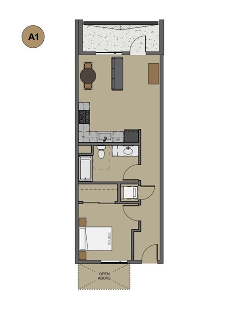 A drawing of a floor plan of a room with furniture and appliances.